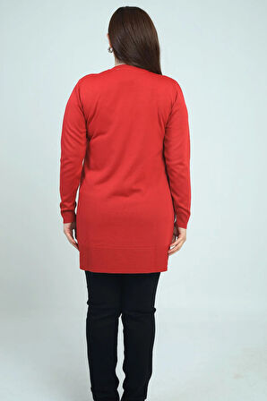 Kadın Yanları Düğme Detaylı Yırtmaçlı Büyük Beden Triko Tunik Bluz