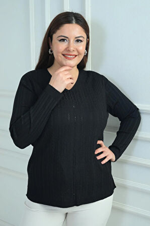 Kadın V Yaka Önü Şerit Taş Baskılı Fitilli Büyük Beden Soğuk İplik Triko Bluz