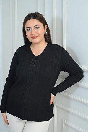 Kadın V Yaka Önü Şerit Taş Baskılı Fitilli Büyük Beden Soğuk İplik Triko Bluz