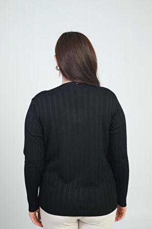 Kadın V Yaka Önü Şerit Taş Baskılı Fitilli Büyük Beden Soğuk İplik Triko Bluz