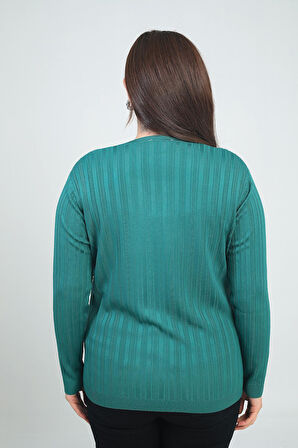 Kadın V Yaka Önü Şerit Taş Baskılı Fitilli Büyük Beden Soğuk İplik Triko Bluz