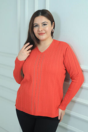 Kadın V Yaka Önü Şerit Taş Baskılı Fitilli Büyük Beden Soğuk İplik Triko Bluz