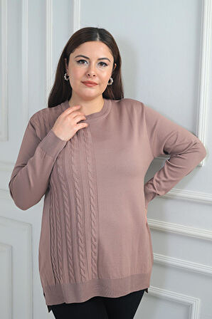 Kadın Tek Taraf Saç Örgülü Büyük Beden Likralı Tunik Bluz