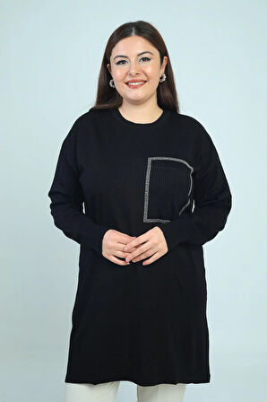 Kadın Önü Tek Cepli Taş Baskı Detaylı Büyük Beden TrikoTunik Bluz