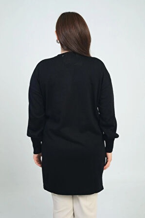 Kadın Önü Tek Cepli Taş Baskı Detaylı Büyük Beden TrikoTunik Bluz