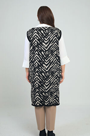 Kadın Zebra Desenli Cepli Büyük Beden Likralı Uzun Triko Yelek