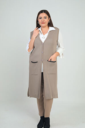 Kadın Cepleri Şerit Detaylı Büyük Beden Uzun Triko Yelek