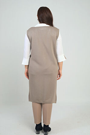 Kadın Cepleri Şerit Detaylı Büyük Beden Uzun Triko Yelek