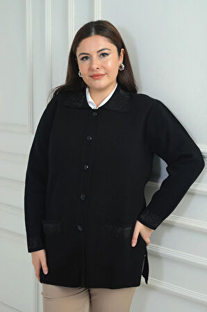 Kadın Taş Baskı Detaylı Büyük Beden Çelik Örgü Triko Hırka