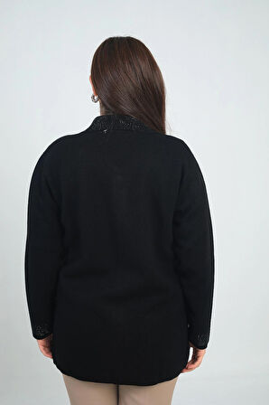 Kadın Taş Baskı Detaylı Büyük Beden Çelik Örgü Triko Hırka