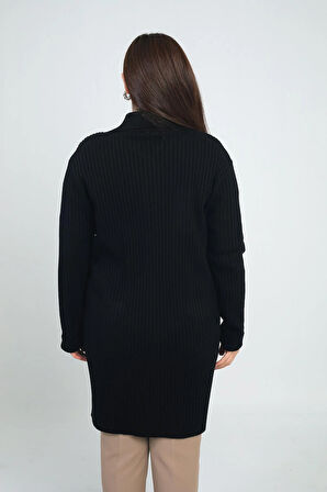 Kadın Önü Desenli Cepli Fitilli Büyük Beden Likralı Triko Hırka