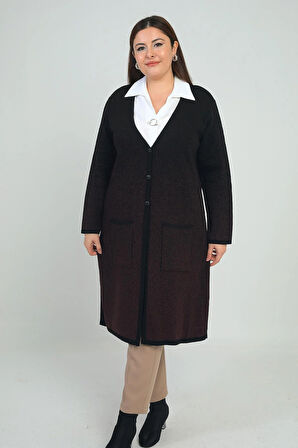 Kadın Karyağdı Desen Cepli Büyük Beden Triko Uzun Hırka