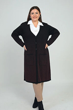 Kadın Karyağdı Desen Cepli Büyük Beden Triko Uzun Hırka