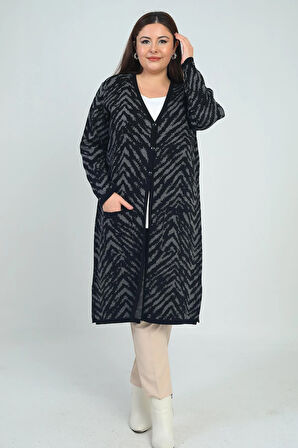 Kadın Zebra Desenli Cepli Büyük Beden Triko Uzun Hırka