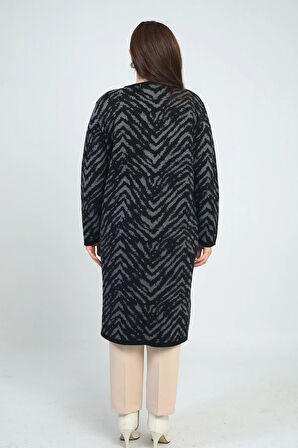 Kadın Zebra Desenli Cepli Büyük Beden Triko Uzun Hırka