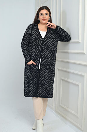 Kadın Zebra Desenli Cepli Büyük Beden Triko Uzun Hırka