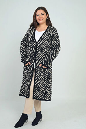 Kadın Zebra Desenli Cepli Büyük Beden Triko Uzun Hırka