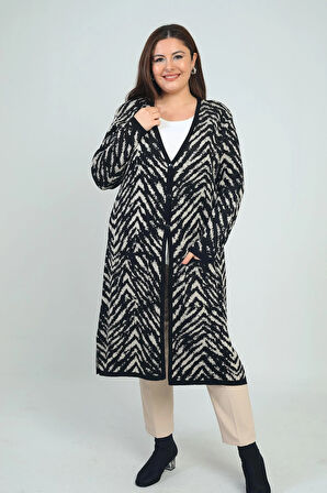 Kadın Zebra Desenli Cepli Büyük Beden Triko Uzun Hırka