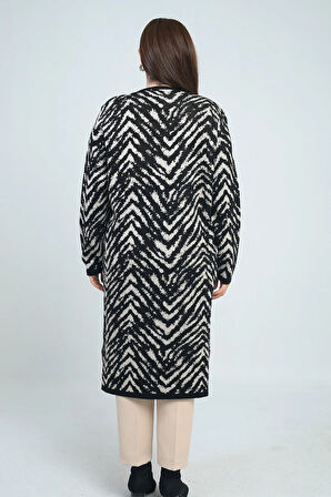 Kadın Zebra Desenli Cepli Büyük Beden Triko Uzun Hırka