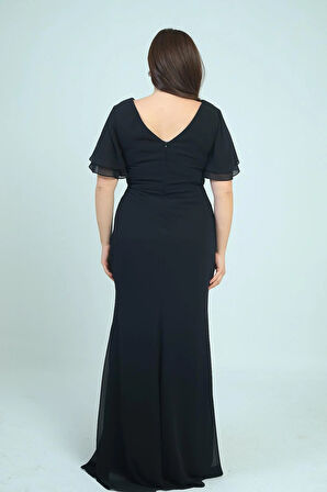 Kadın Arka V Yaka Astarlı  Bel Boncuk Detaylı Darapel Büyük Beden Krep Şifon Elbise