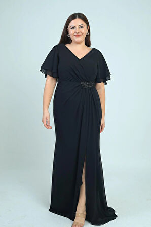 Kadın Arka V Yaka Astarlı  Bel Boncuk Detaylı Darapel Büyük Beden Krep Şifon Elbise