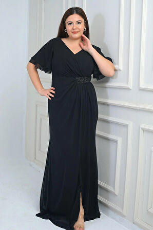 Kadın Arka V Yaka Astarlı  Bel Boncuk Detaylı Darapel Büyük Beden Krep Şifon Elbise