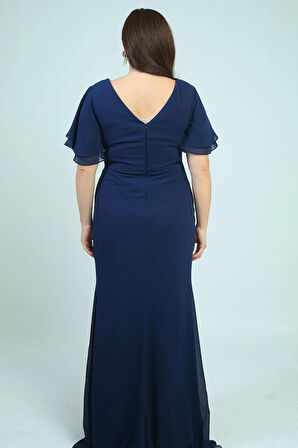 Kadın Arka V Yaka Astarlı  Bel Boncuk Detaylı Darapel Büyük Beden Krep Şifon Elbise