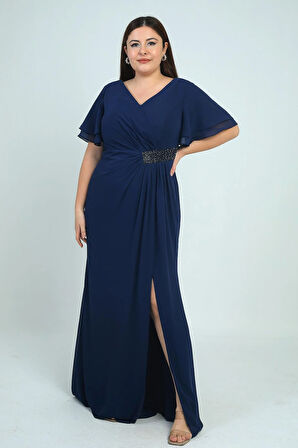 Kadın Arka V Yaka Astarlı  Bel Boncuk Detaylı Darapel Büyük Beden Krep Şifon Elbise