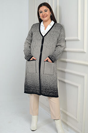 Kadın Karyağdı Kareli Cepli Büyük Beden Triko Uzun Hırka