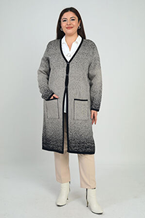 Kadın Karyağdı Kareli Cepli Büyük Beden Triko Uzun Hırka