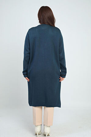 Kadın  Cepleri Şerit Detaylı Büyük Beden Uzun Triko Hırka