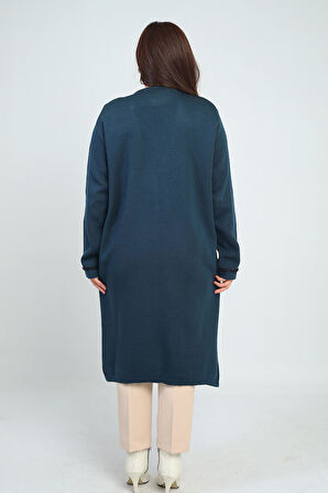 Kadın  Cepleri Şerit Detaylı Büyük Beden Uzun Triko Hırka