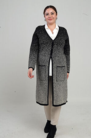 Kadın Karyağdı Desen Cepli Büyük Beden Triko Uzun Hırka