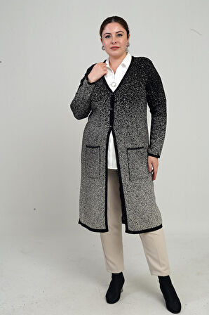 Kadın Karyağdı Desen Cepli Büyük Beden Triko Uzun Hırka