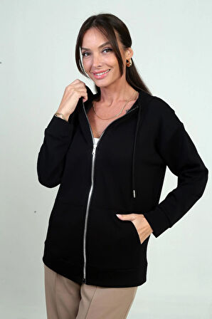 Kadın Kapüşonlu Kanguru Cepli Önü Fermuarlı Osyho Hırka