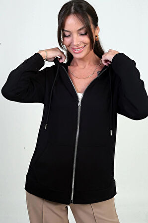 Kadın Kapüşonlu Kanguru Cepli Önü Fermuarlı Osyho Hırka