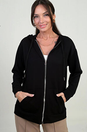 Kadın Kapüşonlu Kanguru Cepli Önü Fermuarlı Osyho Hırka