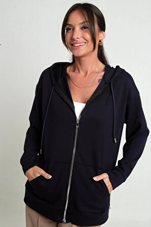 Kadın Kapüşonlu Kanguru Cepli Önü Fermuarlı Osyho Hırka