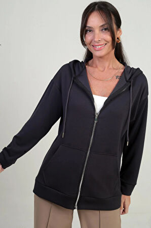 Kadın Kapüşonlu Kanguru Cepli Önü Fermuarlı Osyho Hırka