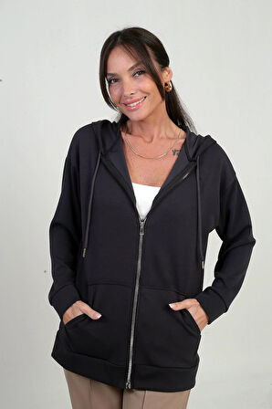 Kadın Kapüşonlu Kanguru Cepli Önü Fermuarlı Osyho Hırka