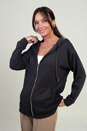 Kadın Kapüşonlu Kanguru Cepli Önü Fermuarlı Osyho Hırka