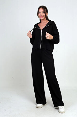 Kadın Kapüşonlu Fermuarlı Hırka Beli Lastikli Cepli Palazzo Pantolon Osyho 2'li Takım