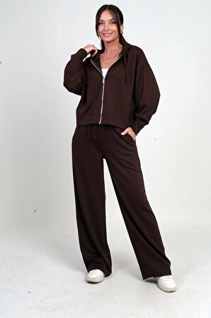 Kadın Kapüşonlu Fermuarlı Hırka Beli Lastikli Cepli Palazzo Pantolon Osyho 2'li Takım