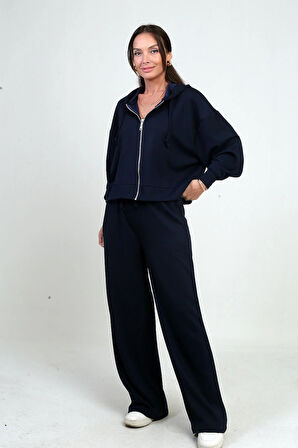 Kadın Kapüşonlu Fermuarlı Hırka Beli Lastikli Cepli Palazzo Pantolon Osyho 2'li Takım