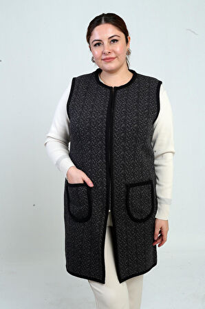 Kadın Önü Fermuarlı Cepli Desenli Büyük Beden Uzun Triko Yelek