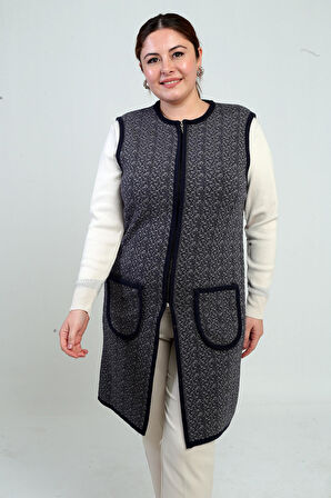 Kadın Önü Fermuarlı Cepli Desenli Büyük Beden Uzun Triko Yelek
