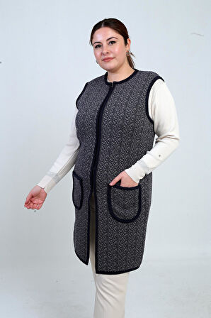 Kadın Önü Fermuarlı Cepli Desenli Büyük Beden Uzun Triko Yelek