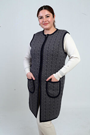 Kadın Önü Fermuarlı Cepli Desenli Büyük Beden Uzun Triko Yelek