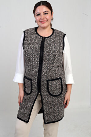 Kadın Önü Fermuarlı Cepli Desenli Büyük Beden Uzun Triko Yelek