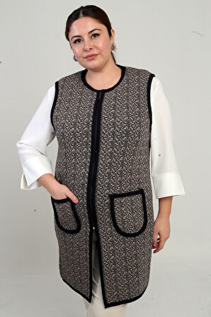 Kadın Önü Fermuarlı Cepli Desenli Büyük Beden Uzun Triko Yelek